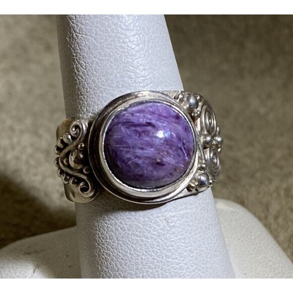 Sterling Silver & Charoite Oval Hi-Dome Stone Ring By Sajen Jewelry Bali Sz. 9 1 - Picture 2 of 10